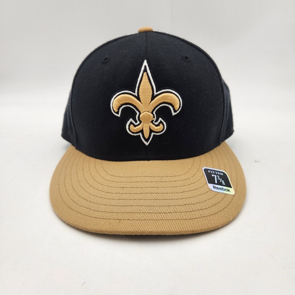 Reebok New Orleans Saints NFL Fitted Hat 7 3/8 Black Gold Flat Brim TU09M NEW